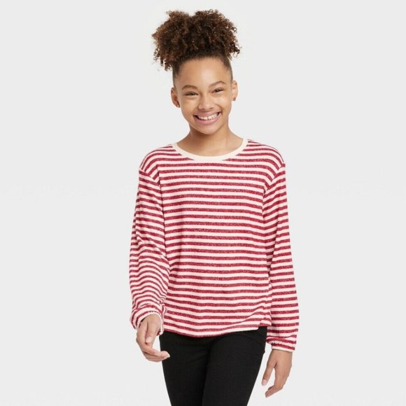 Cat & Jack Girls' Cozy Red & White Stripped Pullover T-Shirt - Picture 1 of 10